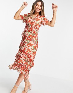 Ярусное платье миди с оборкой и принтом маков Hope & Ivy Made with Liberty Fabric-Красный