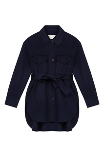Темно-синее шерстяное пальто с поясом Maje