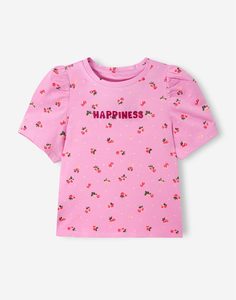 Розовая футболка с цветочным принтом и надписью Happiness для девочки Gloria Jeans