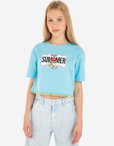 Голубая укороченная футболка с принтом Summer для девочки Gloria Jeans