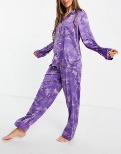 Сиреневый атласный пижамный комплект премиум-класса с отложным воротником и принтом леопардов Chelsea Peers-Фиолетовый цвет