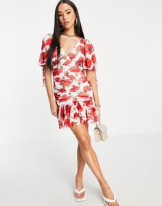 Приталенное платье мини с оборками, баской, пышными рукавами и цветочным принтом ASOS DESIGN-Многоцветный