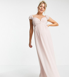 Нежно-розовое платье макси с драпировкой на талии, расклешенными рукавами и декоративной отделкой Little Mistress Maternity-Розовый цвет