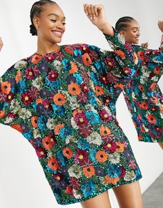 Платье мини с цветочными украшениями и пышными рукавами ASOS EDITION-Многоцветный