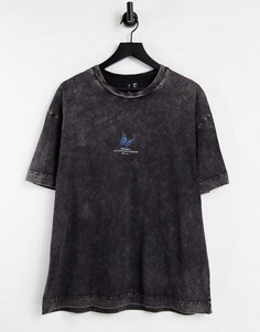 Черная oversized-футболка с эффектом кислотной стирки и принтом маленькой бабочки на груди Good For Nothing-Черный цвет