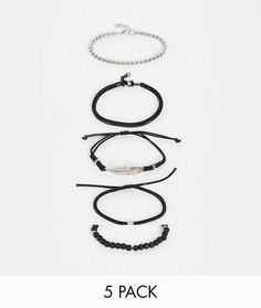 Набор браслетов с дизайнами на шнурке, с бусинами, цепочками и пером ASOS DESIGN-Черный цвет