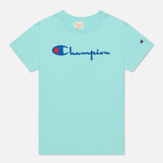 Женская футболка Champion Reverse Weave Script Logo Crew Neck, цвет голубой