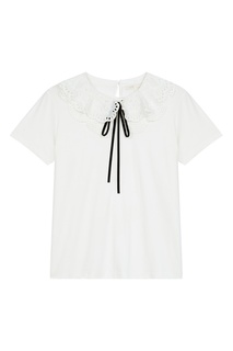 Белая футболка с гипюровым воротником Maje