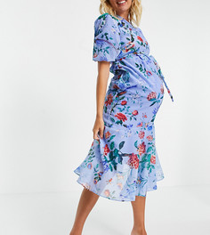 Синее асимметричное платье миди с объемными рукавами и принтом маков Hope & Ivy Maternity-Синий