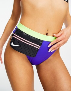 Сине-зеленые трусы бикини с завышенной талией и карманом на молнии Nike Swimming-Синий