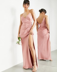 Атласное платье макси цвета пыльной розы на бретелях и с драпировкой ASOS EDITION-Розовый цвет