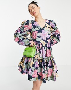 Ярусное платье мини с пышными рукавами, присборенной юбкой и ярким цветочным принтом Y.A.S-Многоцветный