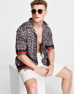 Темно-синяя рубашка с геометрическим принтом и короткими рукавами River Island-Темно-синий
