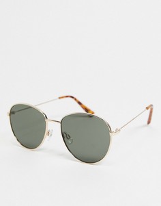 Круглые солнцезащитные очки с зеленоватыми круглыми линзами в золотистой оправе River Island-Золотистый