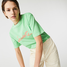 Женская хлопковая футболка Lacoste с круглым вырезом и надписью