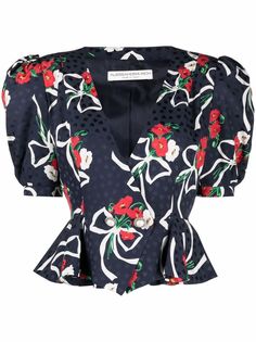Alessandra Rich блузка с баской и цветочным принтом