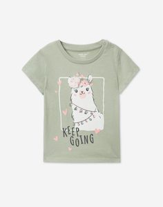 Оливковая футболка с ламой для девочки Gloria Jeans