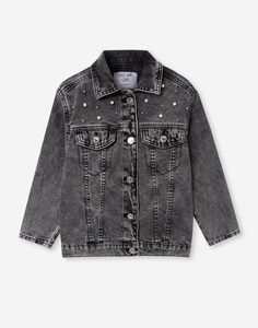Серая джинсовая куртка oversize с бусинами для девочки Gloria Jeans