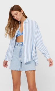 Stradivarius Повседневная Рубашка С Отделкой В Стиле Рустик Небесно-Голубой S