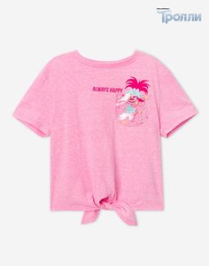 Розовая футболка с завязками и принтом «Тролли» для девочки Gloria Jeans