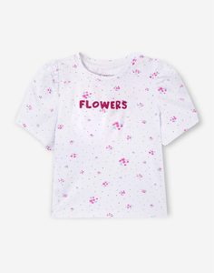 Белая футболка с цветочным принтом и надписью Flowers для девочки Gloria Jeans