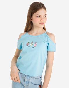 Голубая футболка с открытыми плечами и принтом для девочки Gloria Jeans