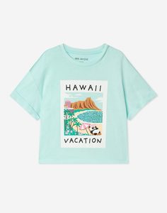 Мятная футболка с принтом HAWAII VACATION и пайетками для девочки Gloria Jeans