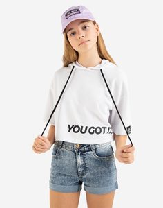 Молочное укороченное худи с принтом You got it для девочки Gloria Jeans
