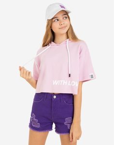 Розовое укороченное худи с принтом With love для девочки Gloria Jeans