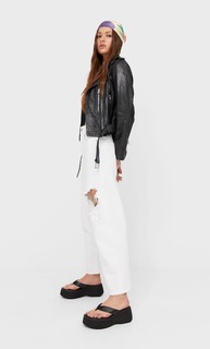 Stradivarius Кожаная Байкерская Куртка Черный Xl