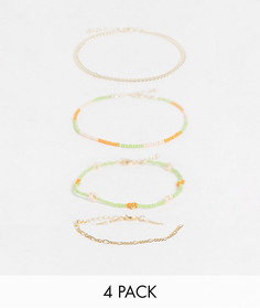 Набор из 4 золотистых ножных браслетов с бусинами в виде цветов и разноцветных цепочек ASOS DESIGN-Золотистый