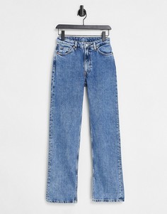 Голубые прямые джинсы из органического хлопка с разрезами по краям выбеленного цвета Monki Elsie-Голубой