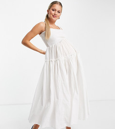 Белый присборенный сарафан миди на бретелях с необработанным краем ASOS DESIGN Maternity
