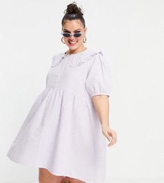 Платье мини в пастельную клетку с присборенной юбкой и воротником Neon Rose Plus-Фиолетовый цвет