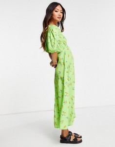 Чайное платье миди с объемными рукавами, разрезом спереди и ярким цветочным принтом Neon Rose-Зеленый цвет
