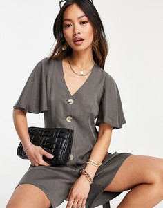 Льняной ромпер цвета хаки с расклешенными рукавами Vero Moda-Черный цвет