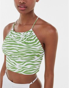 Укороченный топ цвета хаки с завязкой на шее, ремешками на спинке и принтом «зебра» Bershka-Зеленый цвет