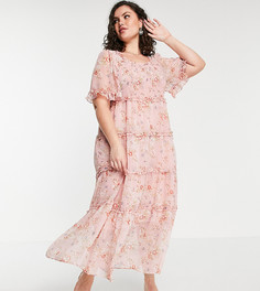 Розовое многоярусное платье макси из шифона со сборками и цветочными принтом Simply Be-Многоцветный