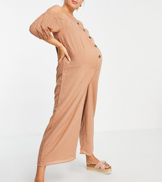 Комбинезон песочного цвета из ткани добби на пуговицах с открытыми плечами ASOS DESIGN Maternity-Коричневый цвет