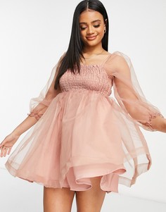 Пудрово-розовое платье бэби-долл из тюля Rare London-Розовый цвет