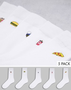 Набор из 5 пар носков белого цвета с вышивкой блюд фастфуда Brave Soul-Белый