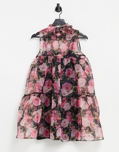Платье А-силуэта с высоким воротником и цветочным принтом Rare London-Черный цвет
