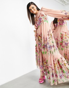 Нежно-розовое платье-трапеция макси с вышивкой и пышными рукавами ASOS EDITION-Розовый цвет