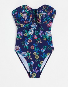 Темно-синий слитный купальник-бандо на косточках из коллекции "Fuller Bust" с цветочным принтом Figleaves Dahlia