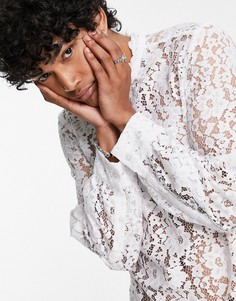 Белая кружевная рубашка без застежки с высоким воротом ASOS DESIGN-Белый