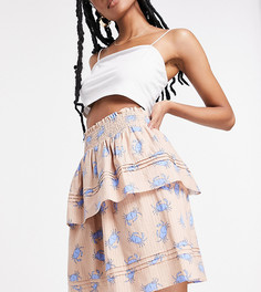 Эксклюзивная розовая ярусная мини-юбка с принтом крабов (от комплекта) Y.A.S-Белый