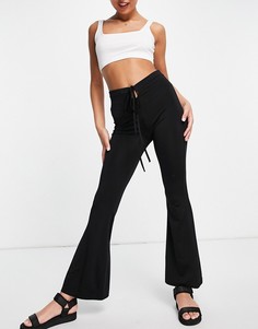Расклешенные трикотажные брюки с вырезом каплей и завязкой на поясе черного цвета Pimkie-Черный цвет