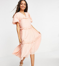 Ярусное креповое платье миди персикового цвета с рукавами-фонариками Y.A.S Petite-Розовый цвет