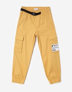 Бежевые брюки-джоггеры с нашивкой Keep ready и поясом для мальчика Gloria Jeans