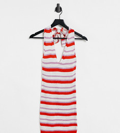 Трикотажное платье мини с завязкой на шее и принтом в разноцветную полоску ASOS DESIGN Petite-Multi